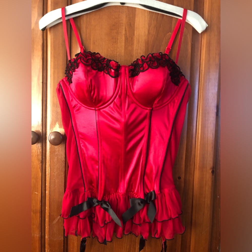 Vintage Frederick’s of Hollywood Red Satin Corset w/ Black Ribbon Trim, Size 38